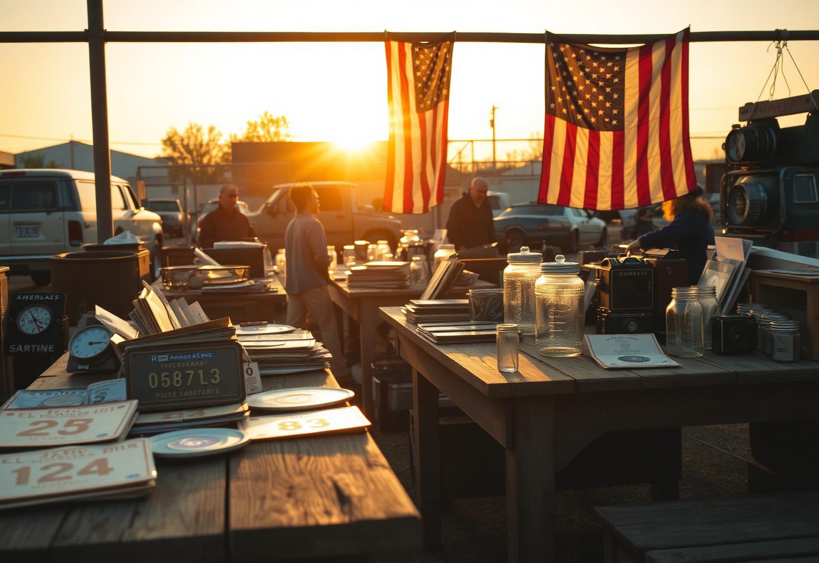 American yard sale at golden hour with vintage treasures and flags